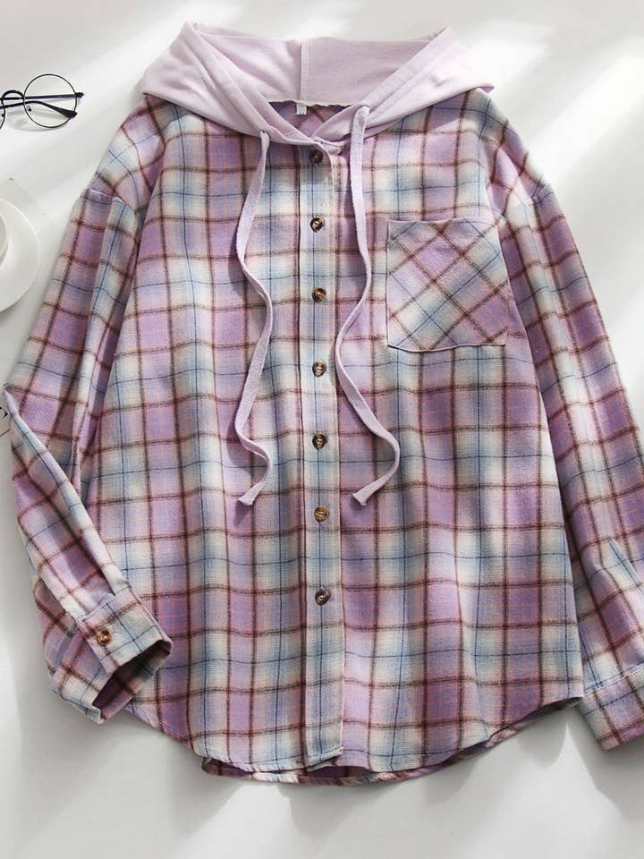 NINEXIS - Wholesale Coat - Women's - CWOCO1101_CASUAL HOODED COLORBLOCK PLAID SHIRT COAT2