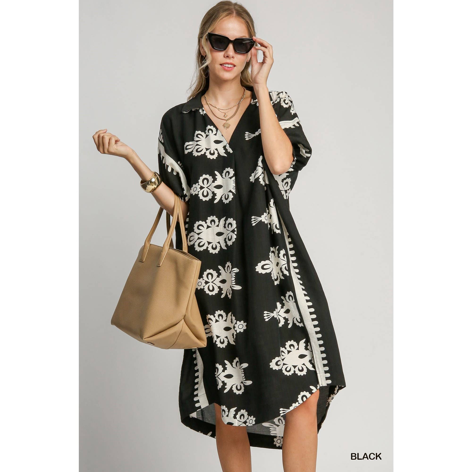 BNS - Vente Robe – femme - Robe mi-longue à col en V à imprimé abstrait avec poche2