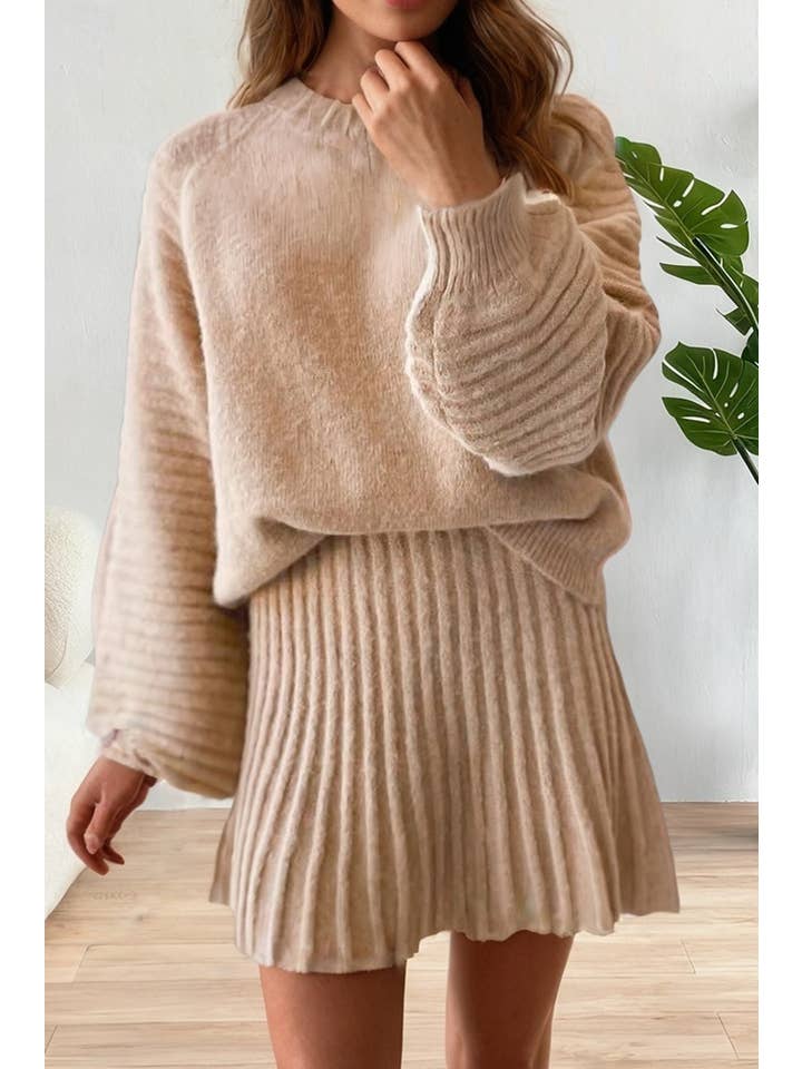 Beige Puff Sleeve Sweater Pleated Mini Skirt 2pcs Knitted Outfit for wholesale on Faire0