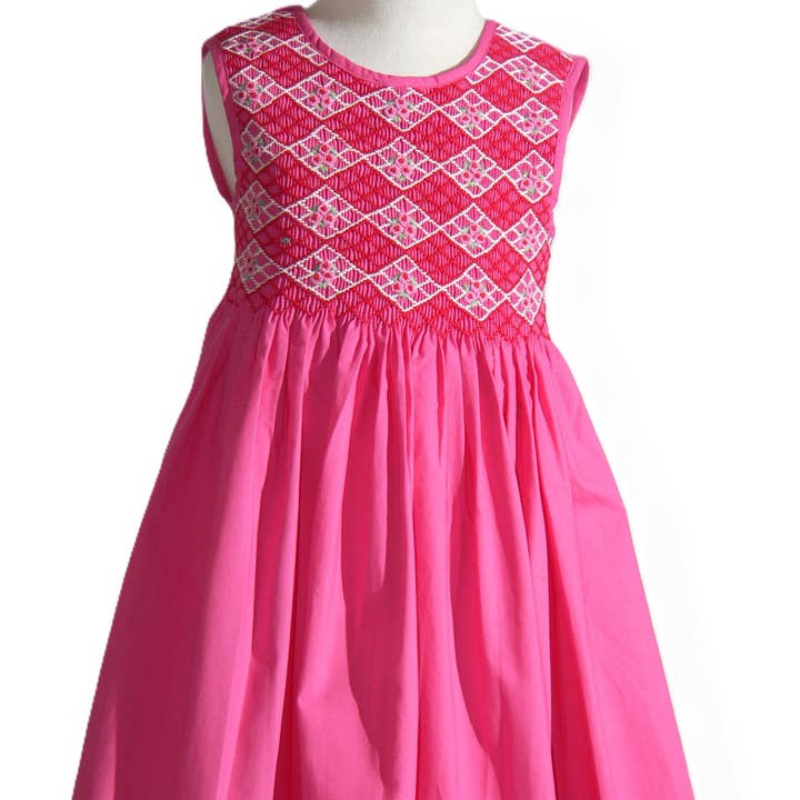 Fuchsia Geometric Smocked with Roses Sleeveless Dress for wholesale by Hello Bebes!