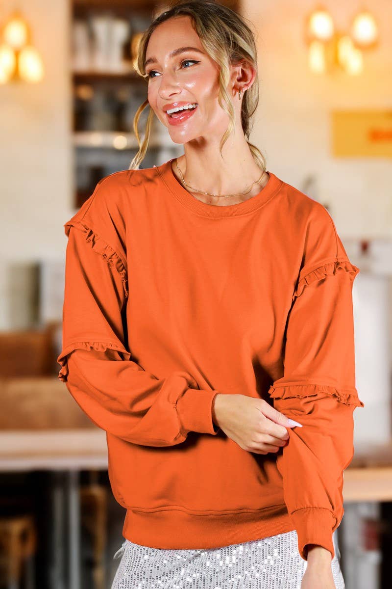 Vine & Love - Wholesale Sweatshirt - Women's - Crew Neck Ruffle Detail French Terry Sweatshirt VT7008313