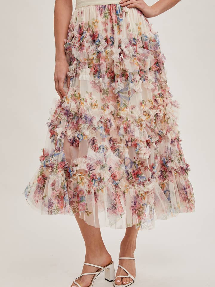 Bluivy - Wholesale Skirt - Women's - FLORAL RUFFLED MESH MIDI SKIRT