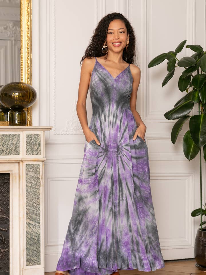 Purple grey Tie and dye jumpsuit with flowing pants for wholesale on Faire