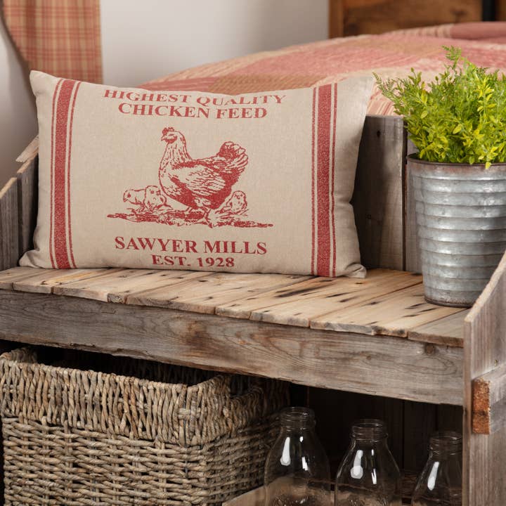 VHC Brands - Wholesale Throw/Decorative Pillow - Sawyer Mill Red Hen and Chicks Pillow 14x22