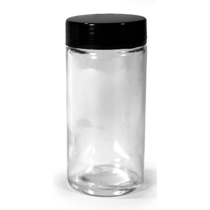 KITCHEN BASICS Spice Jar Glass w/ Black Lid 3oz 3.5x1.75" for wholesale on Faire0