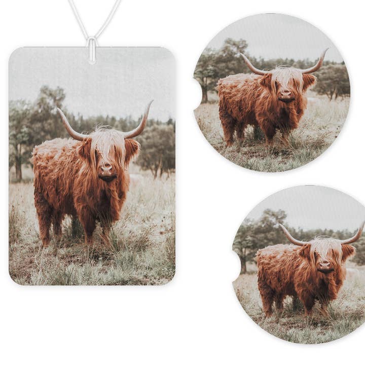 Boho Highland Cow Car Freshener And Coaster Set for wholesale by Texas Petunias Boutique