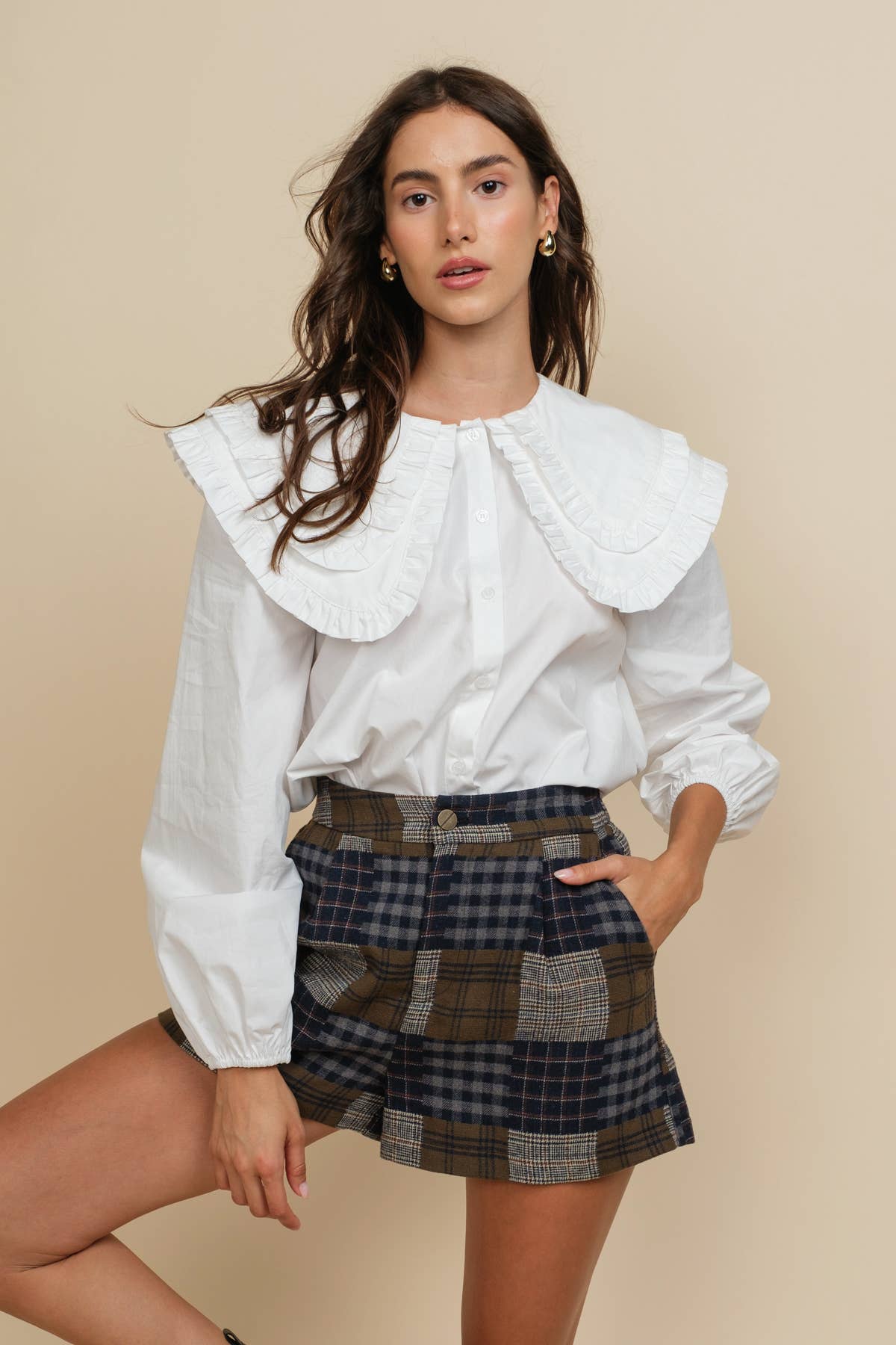 BLANC CASSÉ Blouse en coton à manches longues avec col surdimensionné à double volant en vente sur Faire3