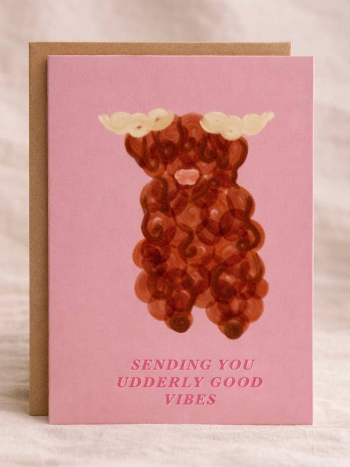 Udderly Good Vibes Animal Pun Greeting Card for wholesale by Crumpet Prints