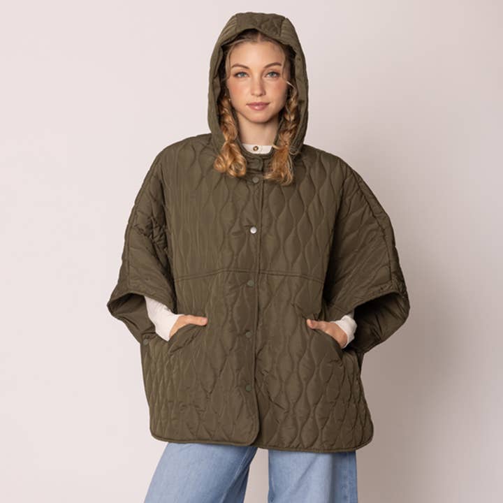 Fashion City - Wholesale Poncho – Women's - Quilted Padded Hoodie Poncho Cape3