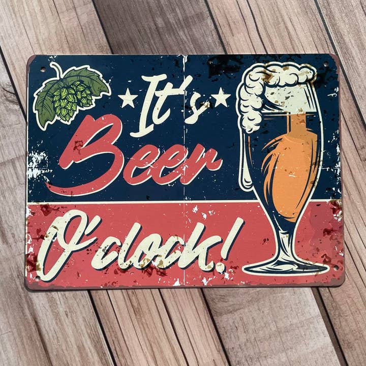 Retro It's Beer O'clock Metal Wall Sign Plaque for wholesale by The British Metal Signs Company