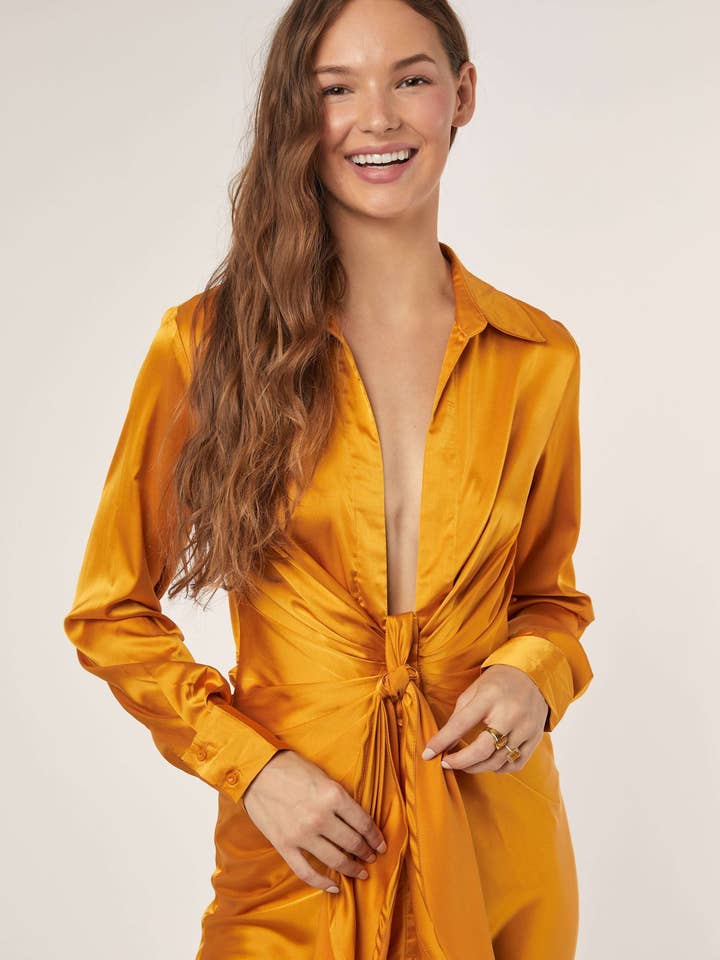 RUCHED WAIST SATIN MIDI LENGTH DRESS for wholesale by Hers & Mine