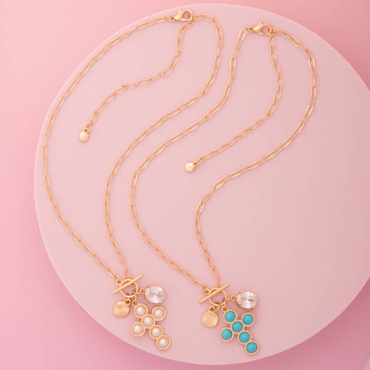 Pearl / Turquoise Embellished Cross Pendant Toggle Necklace for wholesale by SP Sophia Collection