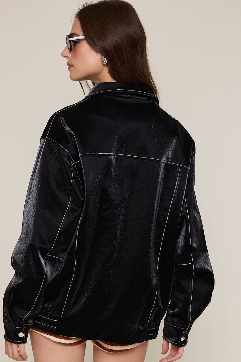 Sky to Moon - Vente Veste en cuir – femme - VESTE OVERSIZE À COL EN SIMILICUIR AVEC DÉTAILS POINTUS2