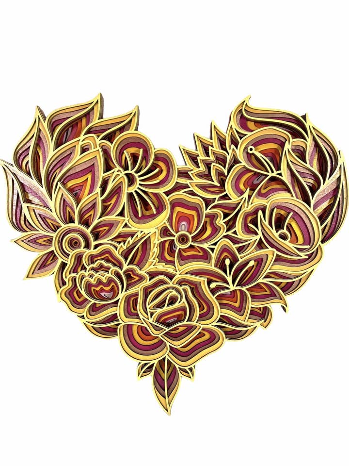 Décoration murale 3D en forme de cœur floral rose et jaune, mandala en bois pour la vente par Spencer's Custom Wood