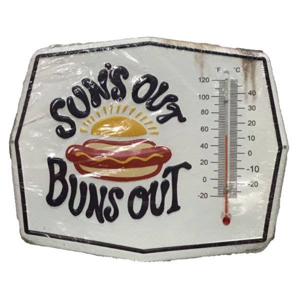 St. Louis Wholesale LLC - Wholesale Sign - Suns Out Buns Out - 11"x9" Metal Sign With Thermometer
