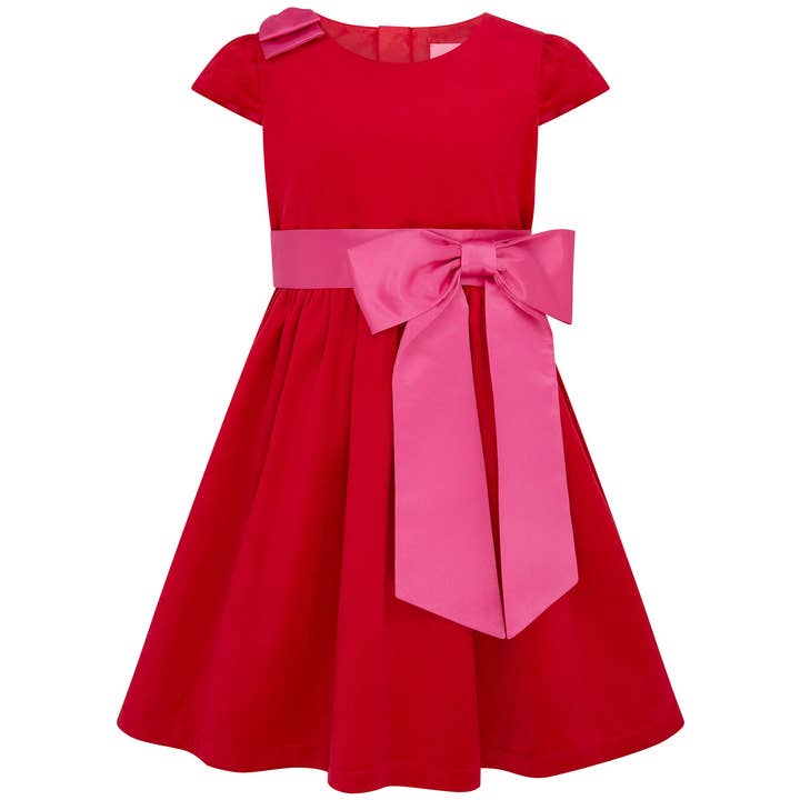 Robe de soirée Rosie en velours et nœud en satin pour filles, rouge et rose pour la vente par Holly Hastie London