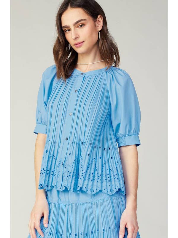 Baby Blue Button Front Pleated Eyelet Top for wholesale on Faire