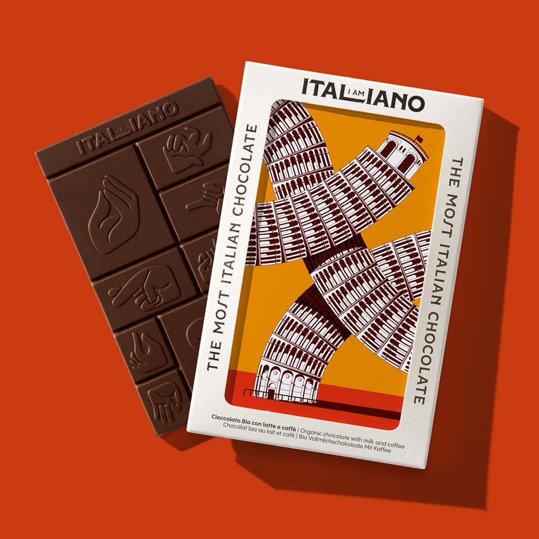 I AM ITALIANO - Wholesale Chocolate Bar - Tower of Pisa - Organic Chocolate with Milk and Coffee1