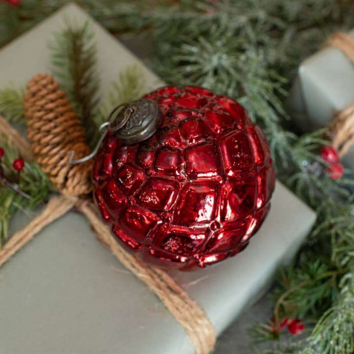 Ragon House - Wholesale Ornament - 4" RED QUILTED KUGEL ORNAMENT