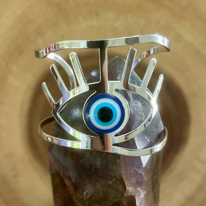 Large Adjustable Silver "Evil Eye" Bangle Cuff for wholesale by Moon Child