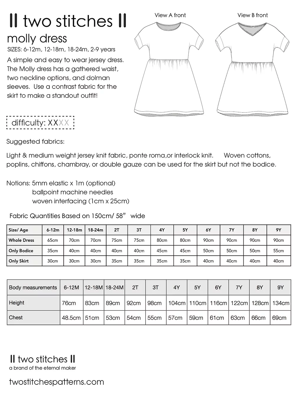 Two Stitches Patterns – wholesale Craft sewing kit – Molly Dress - Sewing Pattern for Childrenswear5