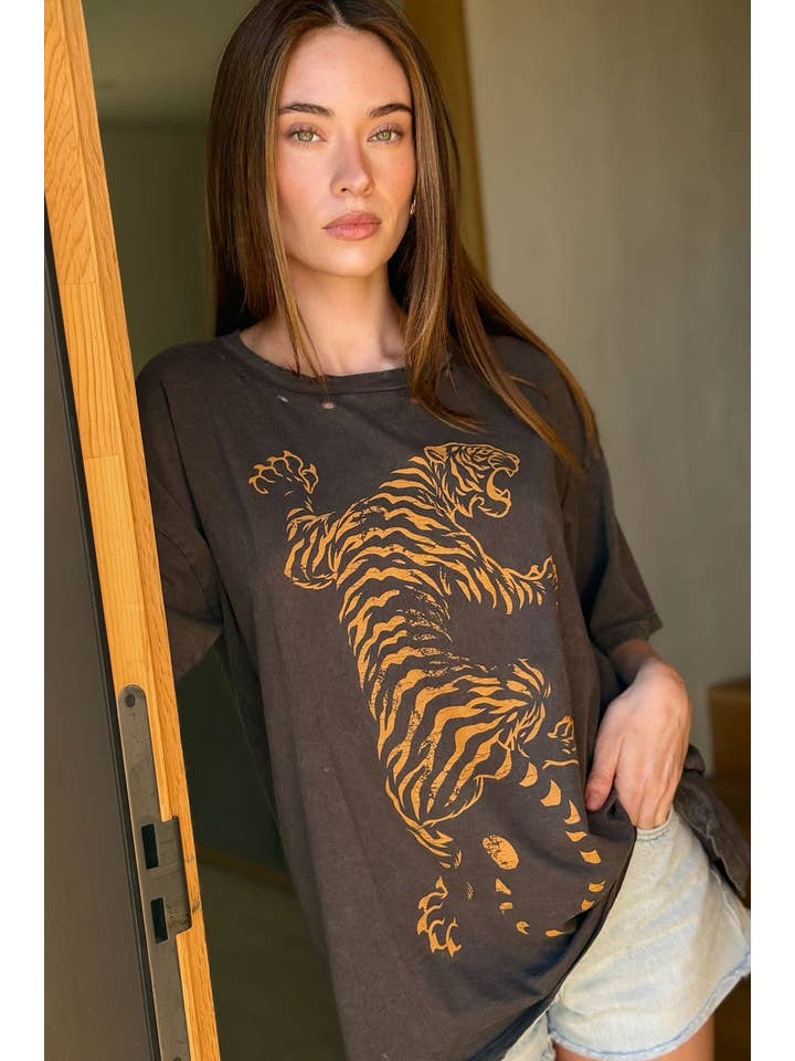 IRON Roaring Tiger Oversized Vintage-Wash Graphic Tee for wholesale on Faire