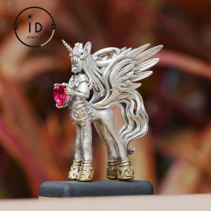 Pingente de Prata 925 com Unicórnio, com Rubi Sintético Vermelho, Joalharia de Fantasia Gótica, Prata Oxidada, Pingente Talismã para Auto-Reflexão por atacado de idjewelry