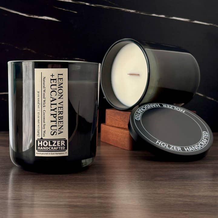 Wood Wick Candle Lemon Verbena + Eucalyptus Scented | Natural | Hand-poured Coconut Soy Wax | 12 oz Glass Vessel with Metal Lid | Handmade | Non-toxic Phthalate-free Luxury Fragrance for wholesale by Holzer Handcrafted ®