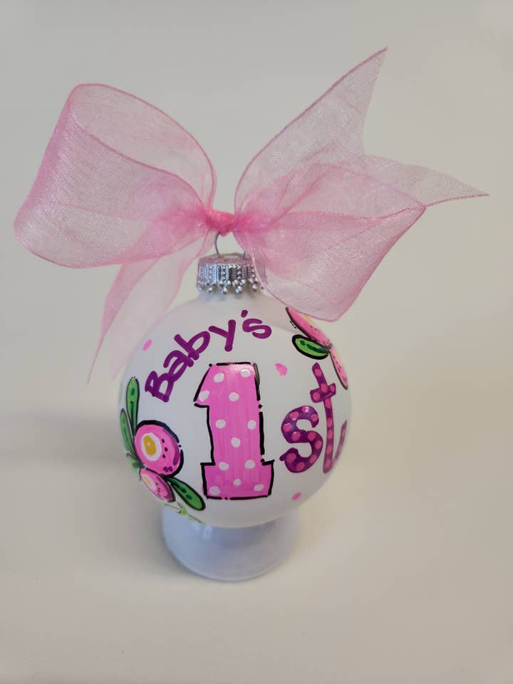 Babys' First pink hand painted glass ornament for wholesale by Kirsten in Color