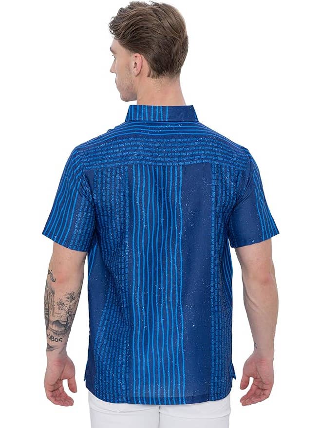 Blue HAPPY BAY Linen Effect Mens Shirts Red Stripes P00437 for wholesale on Faire5