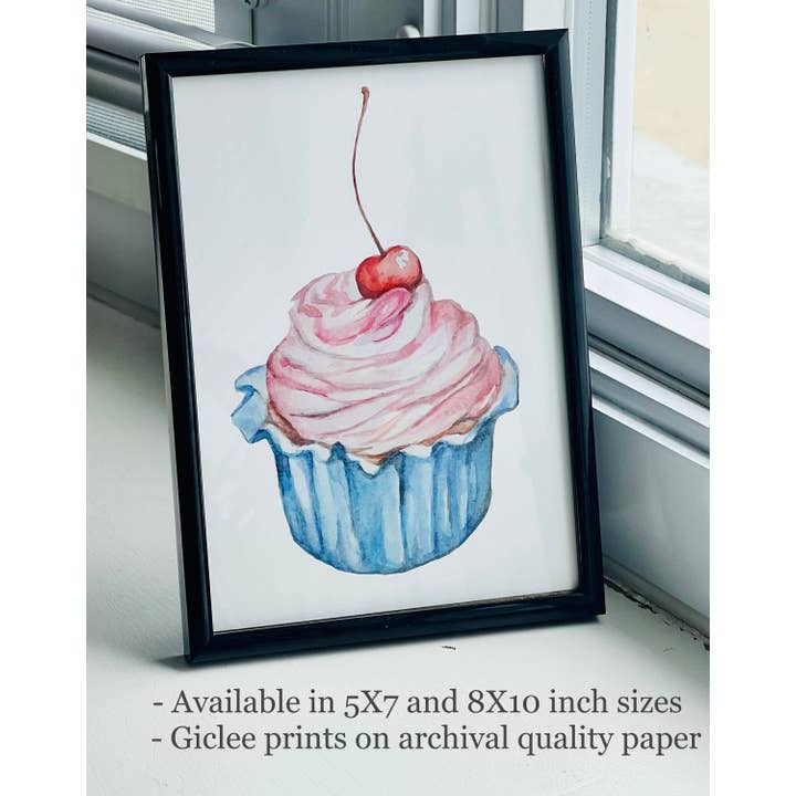 Emilia Rose Artwork LLC - Wholesale Art Print - Cherry Cupcake Watercolor Art Print3