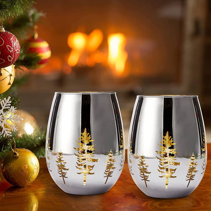 The Wine Savant / Khen Glassware - Venta al por mayor Copas de vino - Juego de 2 árboles de Navidad sin tallo, Winter Wonderland, color dorado