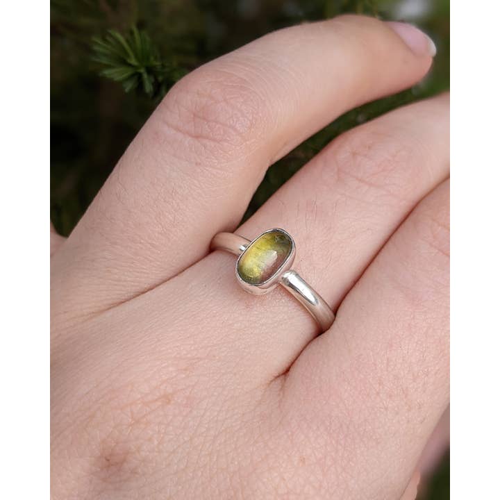 Le Tourbillon Minéral - Vente Solitaire - Bague Tourmaline Melon D'Eau Et Argent Massif T56