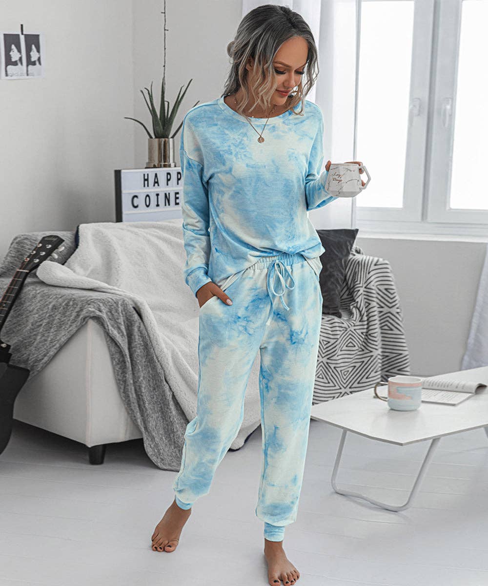 Blue Tie-Dye Long Sleeve Lounge Set for wholesale on Faire0
