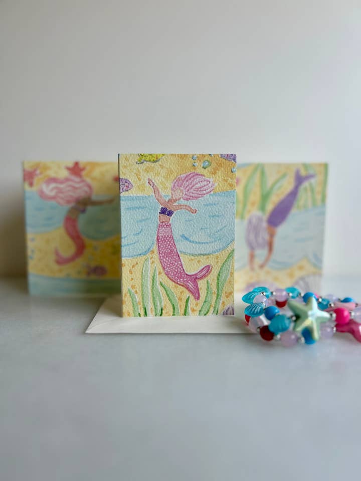Set of 3 Mermaid Watercolor Mini Card (2.5x3.5") for wholesale by Catherine Davis Studio