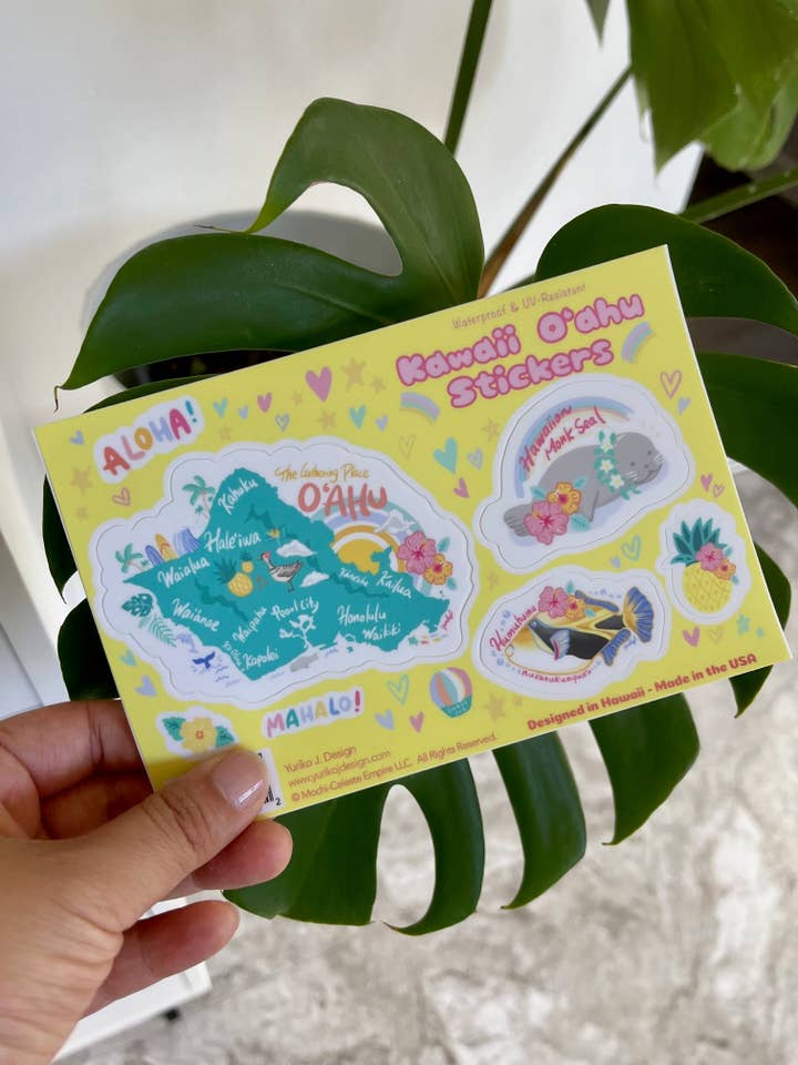 Feuille d'autocollants Kawaii Oahu - Kawaii Hawaii pour la vente par Island Stickers & More / Yuriko J. Design
