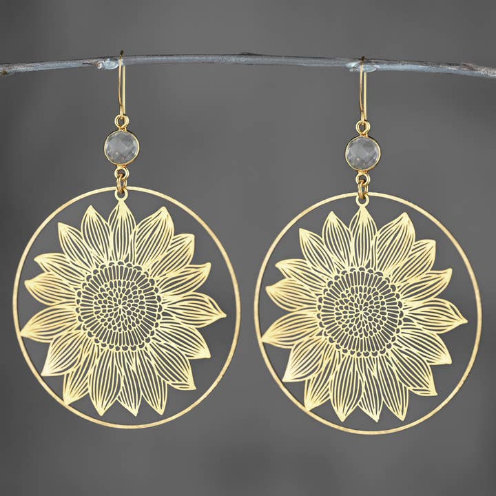 Large Sunflower Hoops w/ Semi Precious Stone Earrings for wholesale by KBD Studio