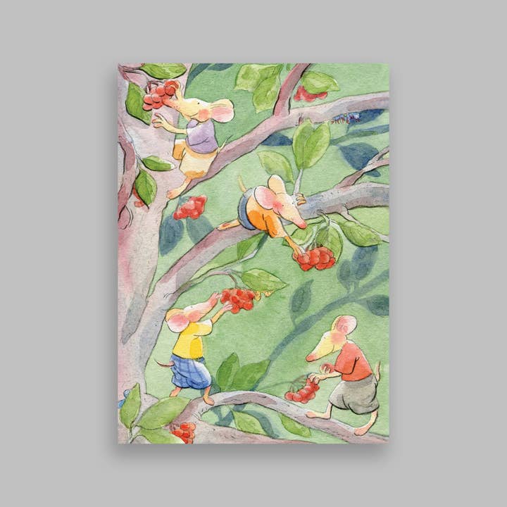 Cartolina, formato A6, cartolina bianca, topi, estate, bacche per la vendita all'ingrosso da parte di Atelier No.1