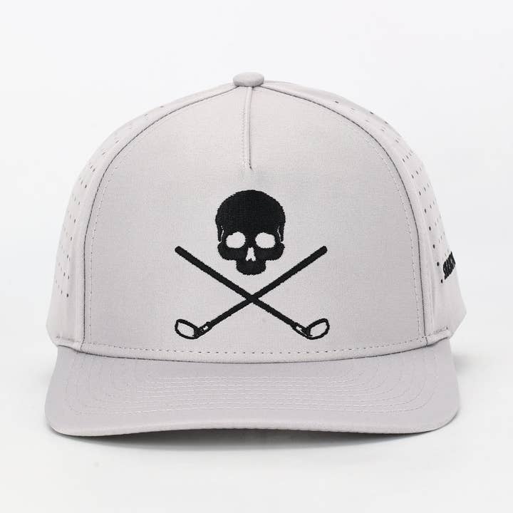 Skull and Crossbones Gray Golf Hat for wholesale by Shank It Golf