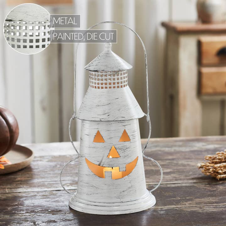 VHC Brands - Wholesale Candle Holder - Antique White Distressed Halloween Decorative Metal Lantern Spooky Tealight Candle Holder Fall Seasonal Home Accent 12x8x61