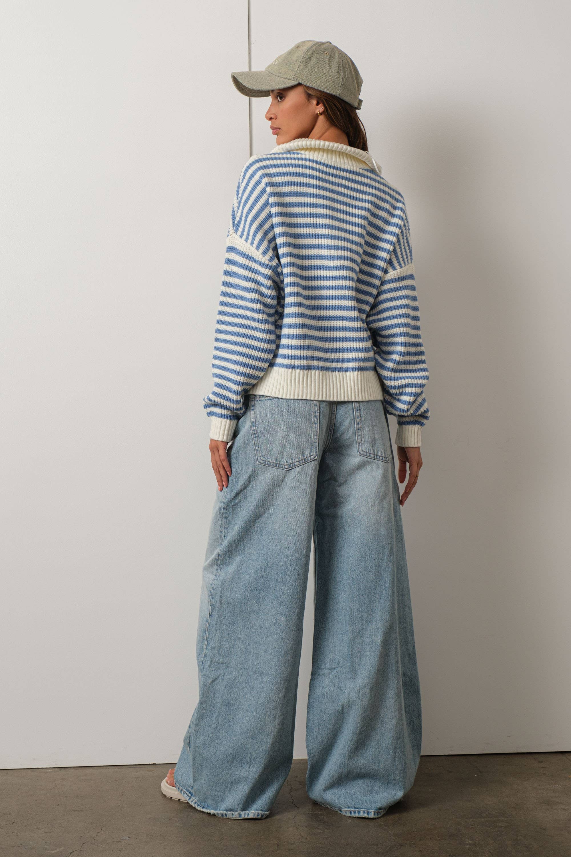 Creamon – wholesale Pullovertröja - Dam – Preppy kalifornisk halvzip-randig tröja-BLÅ12