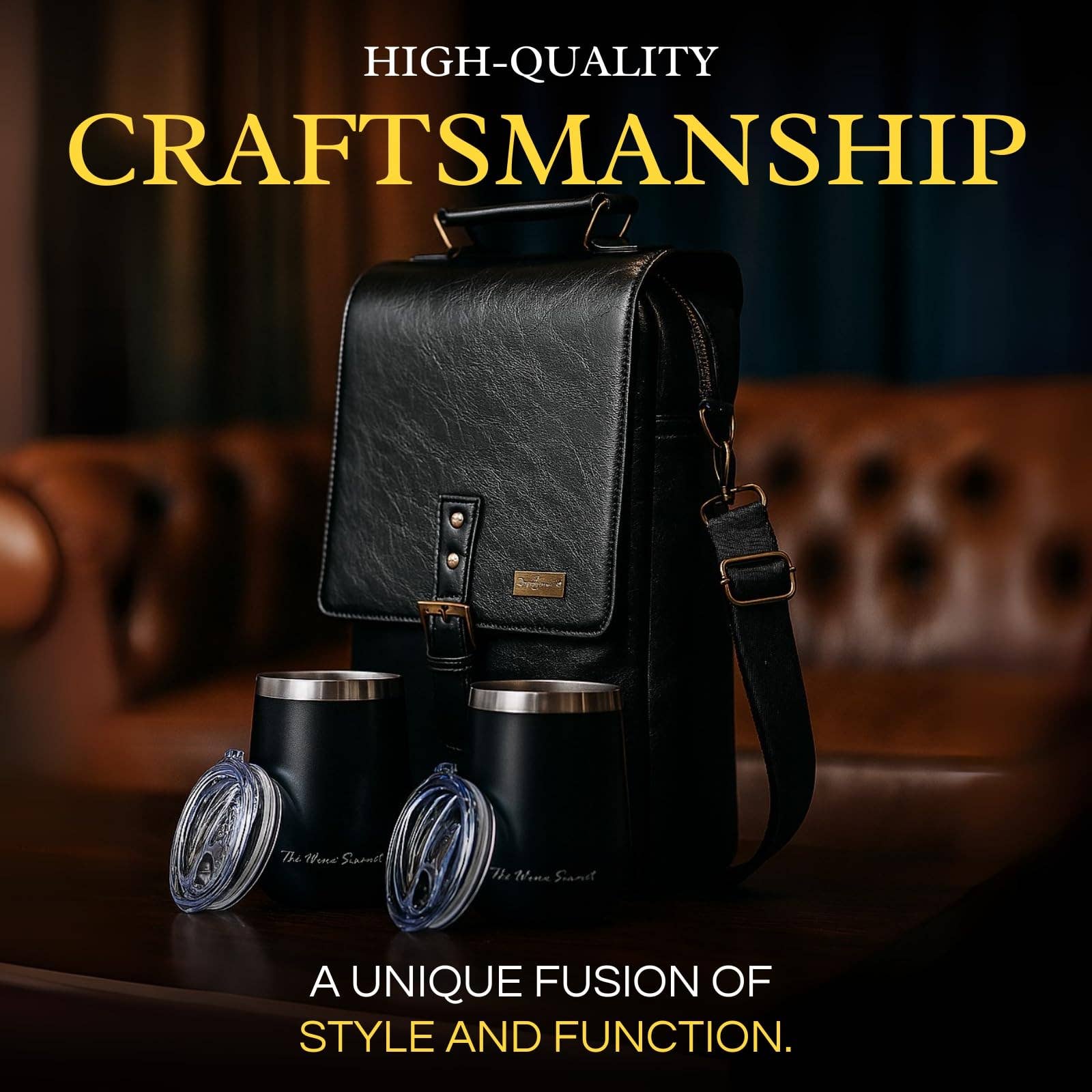 The Wine Savant /  Khen Glassware - Vente Sacs pour bouteilles de vin - Sac porte-bouteilles en cuir pour 3 bouteilles avec gobelets et ouvre-bouteille3