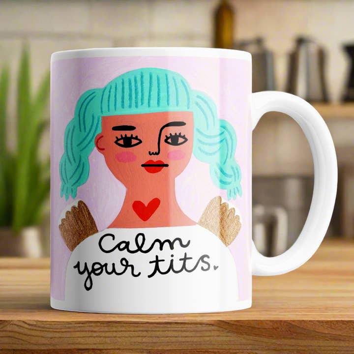 Calm Your Tits Grumpy Angel Mug for wholesale by Disrupted Industries