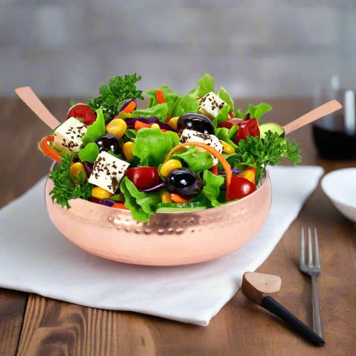 Lexi Home - Wholesale Serve Bowl - Copper Hammered Salad Bowl with Serving Spoon & Fork Set