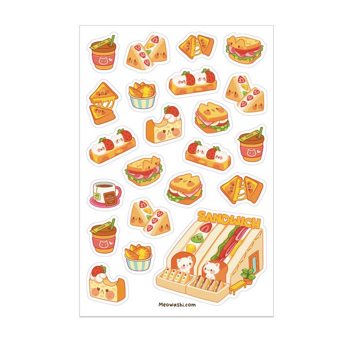 Feuille d'autocollants transparente de la boutique de sandwichs pour chats pour la vente par Meowashi Studio