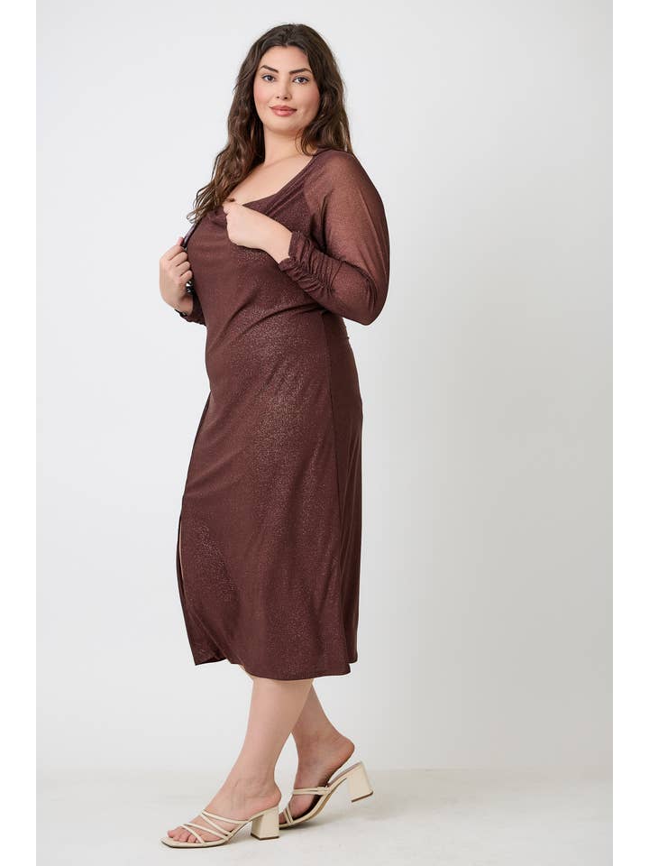 Haute Fox Plus Size & Contemporary - Wholesale Dress - Women's - Plus Size Shimmer Midi Dress with Front Slit JK18749-D7
