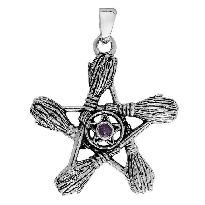 925 Silver Amethyst Pentagram Broom Pendant (USA-DDP) for wholesale by Silver Jewellery Cavern Wholesale