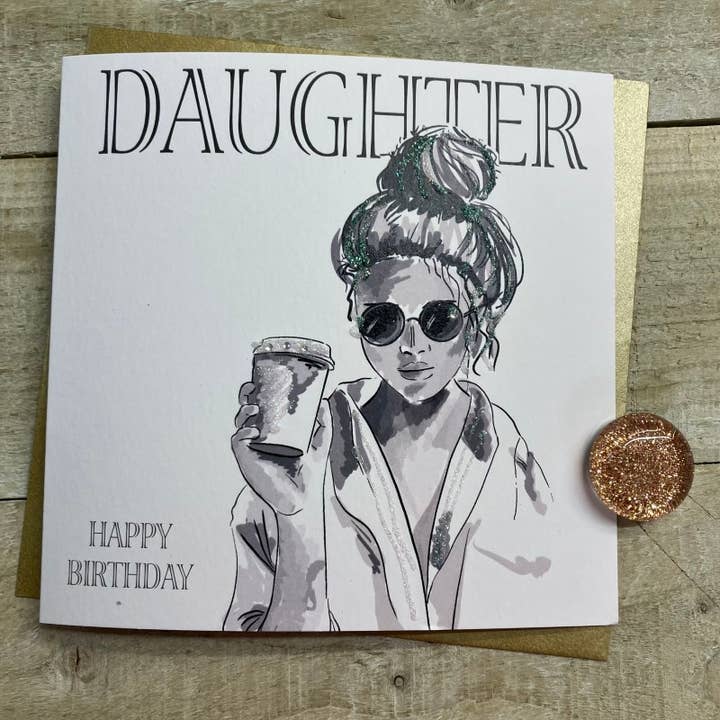 White Cotton Cards - Wholesale Birthday Card - Daughter - Style - Girl with Coffee (Y8)