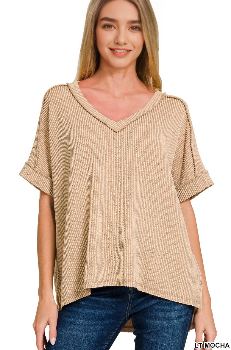 42POPS – wholesale Stickad topp - Dam – .Corded Rib Kortärmad Topp med Rå Kant61