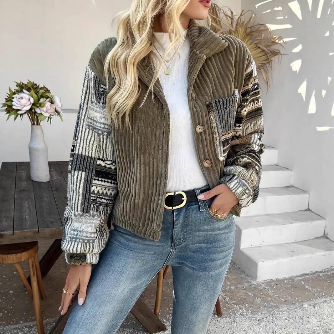 Olive Western Aztec patchwork fleece button-up jacket for wholesale on Faire9